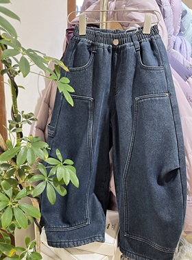 实体店韩货冬装新款男童女童深蓝色牛仔裤中大童潮版直筒裤牛仔裤