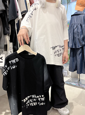 2025夏季新款男童韩版晕染字母短袖T恤中大童黑色白色潮版短袖T恤