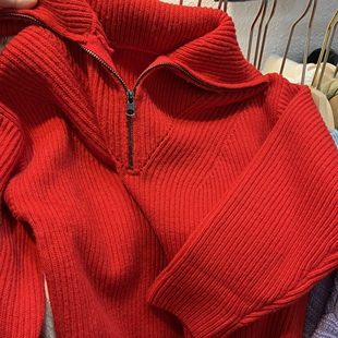 清仓不退换秋冬新款 男童女童正红色翻领纯棉针织毛衣中大童毛衣