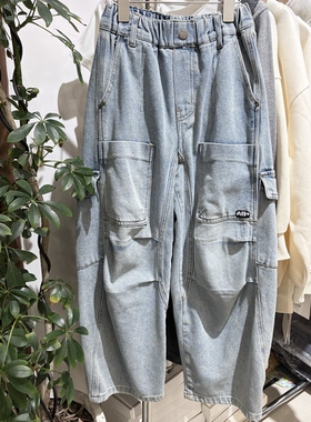 2026春装新款男童女童蓝色牛仔裤中大童设计款工装牛仔裤潮版裤子