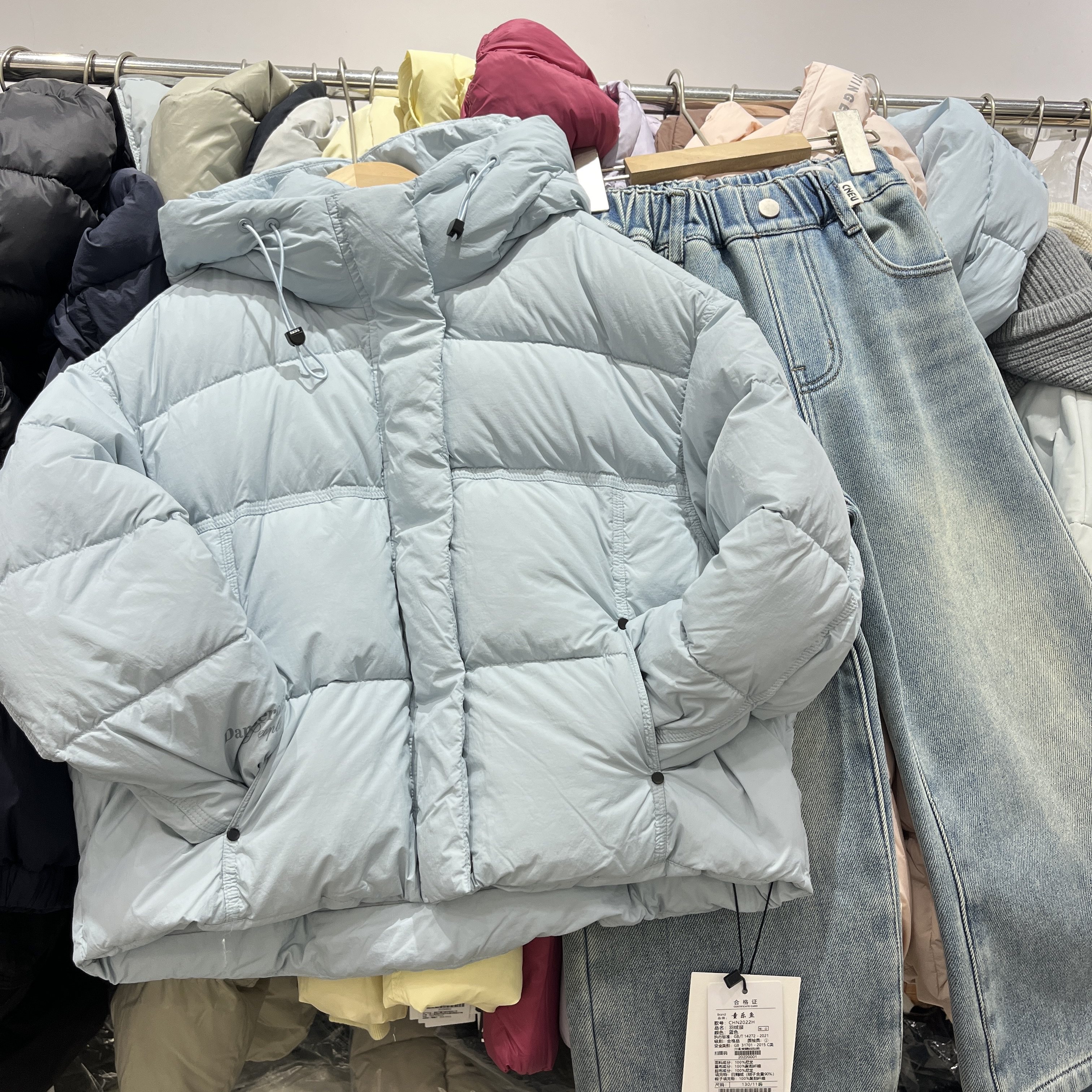 韩货冬装新款女童韩版蓝色连帽羽绒服中大童潮版羽绒服面包服2022