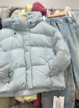 韩货冬装新款女童韩版蓝色连帽羽绒服中大童潮版羽绒服面包服2022