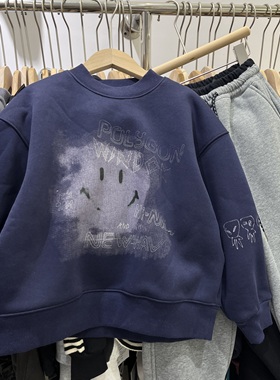 韩系童装实体冬装新款男童女童藏蓝色加绒加厚半高领保暖卫衣