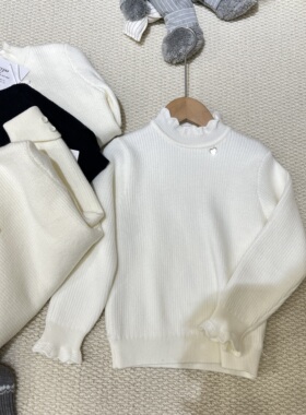 实体店冬装新款女童韩版白色木耳边半高领一体绒毛衣潮版针织衫