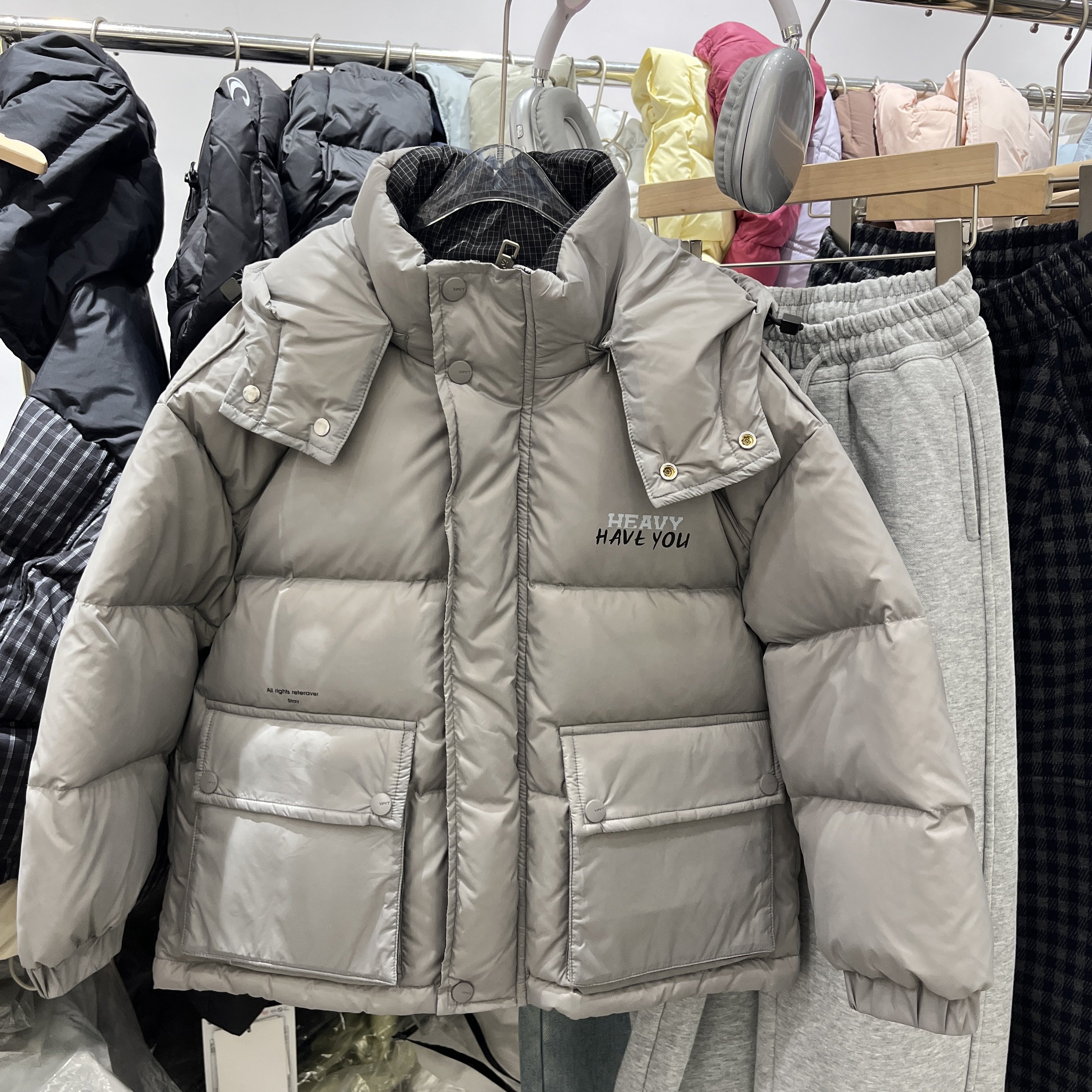 冬装男童女童韩版高级灰连帽羽绒服中大童潮版羽绒服面包服简素