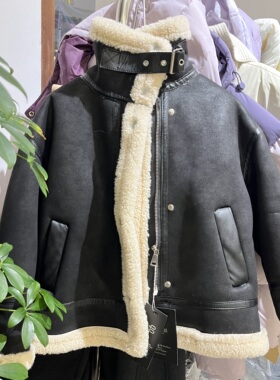 年货大衣男童女童黑色羊羔毛翻领皮衣酷帅保暖厚实皮毛一体外套