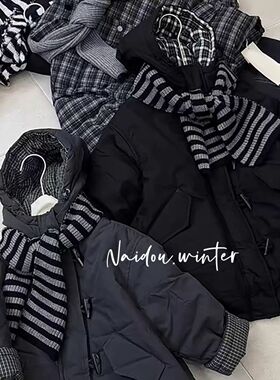 实体店冬装新款男童女童韩版黑色牛角扣连帽中长款加绒保暖厚棉衣