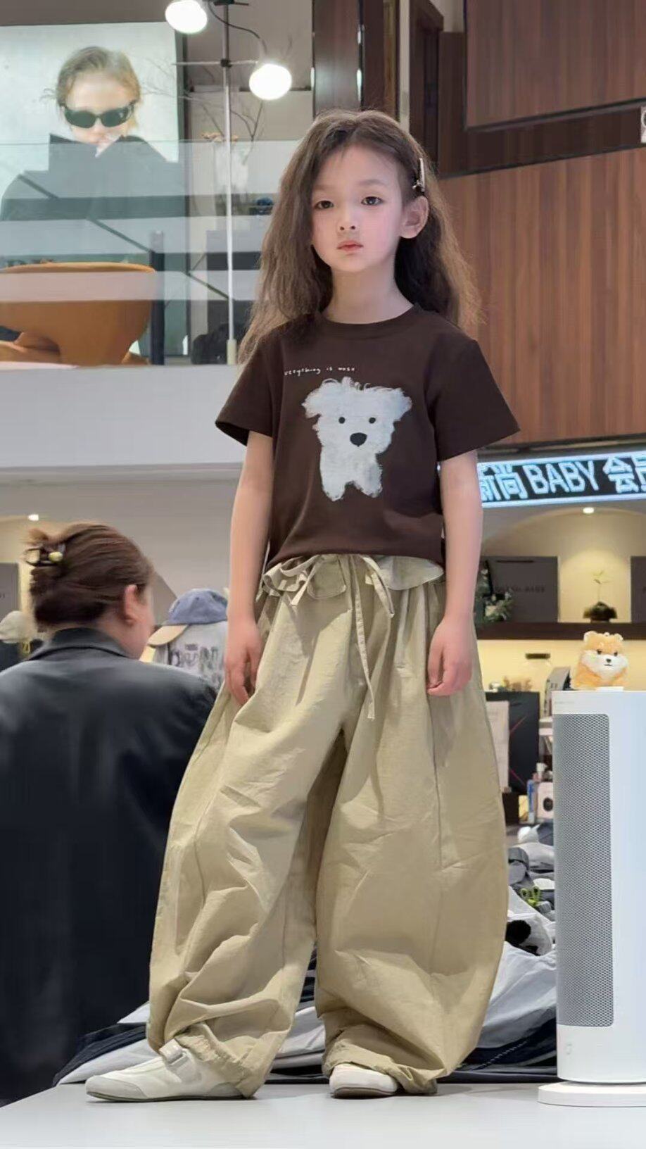 2026夏女童咖色辣妹t卡其花边工装裤中大童超薄弯刀裤两件套套装