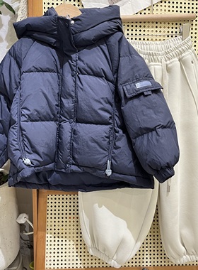 韩货冬装新款男童女童韩版休闲羽绒服中大童藏蓝色连帽面包羽绒服