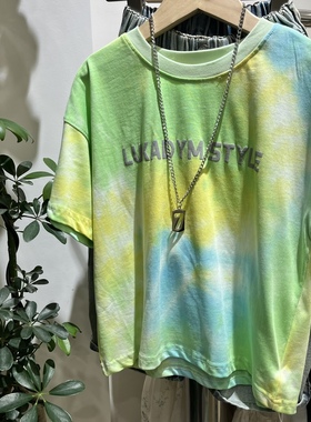 实体店童装男童绿色扎染工艺短袖T恤韩版潮流亮色短袖T恤