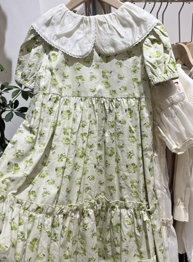 2024夏装女童娃娃领短袖连衣裙中大童韩版绿色碎花连衣裙棉布裙
