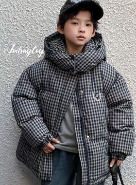 实体店冬装新款男童女童韩版藏蓝色格子连帽羽绒服潮版面包服
