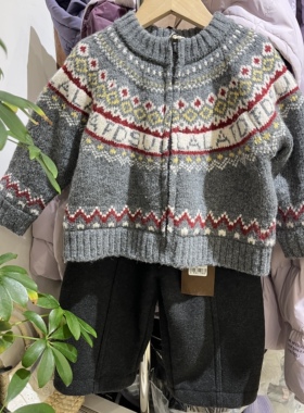 小童实体冬装新款男童女童灰色费尔岛蚕丝棉双层加厚保暖开衫外套