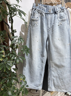 2026春装新款女童浅蓝色珍珠蝴蝶结牛仔裤中大童柔软百搭直筒裤