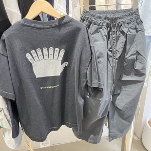 夏季新款男童女童韩版休闲字母短袖T恤中大童深灰色手掌短袖T恤