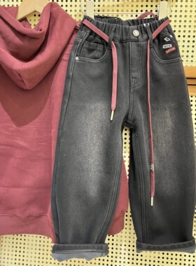 韩货冬装新款男童女童韩版休闲加绒牛仔裤中大童潮版黑色牛仔裤