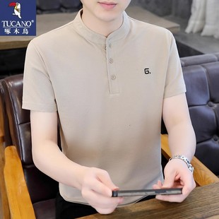 男士 夏季 啄木鸟2025新款 立领t恤短袖 潮流时尚 纯色体恤冰丝薄款