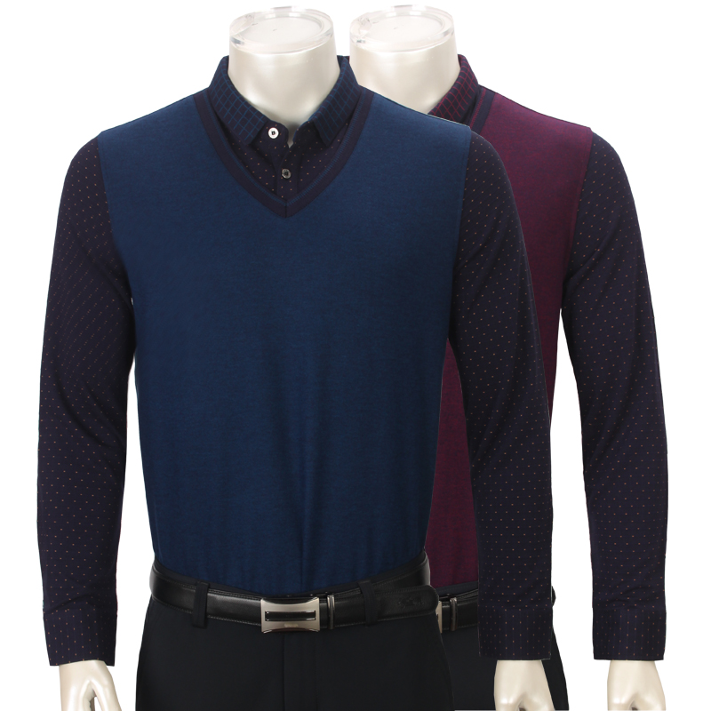 老爷车秋冬厚款中年男士长袖t恤衫假两件宽松商务休闲爸爸装棉