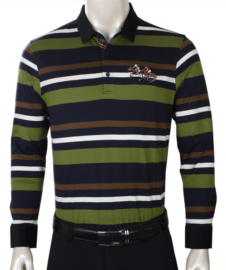 老爷车长袖T恤 秋装男士翻领条纹t恤衫 纯棉商务休闲男装绿色棉质