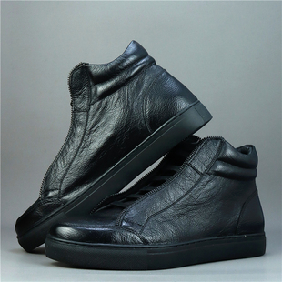 稀缺孤品男鞋头层牛皮欧美风男士休闲高中帮板鞋广州手工缝线皮鞋