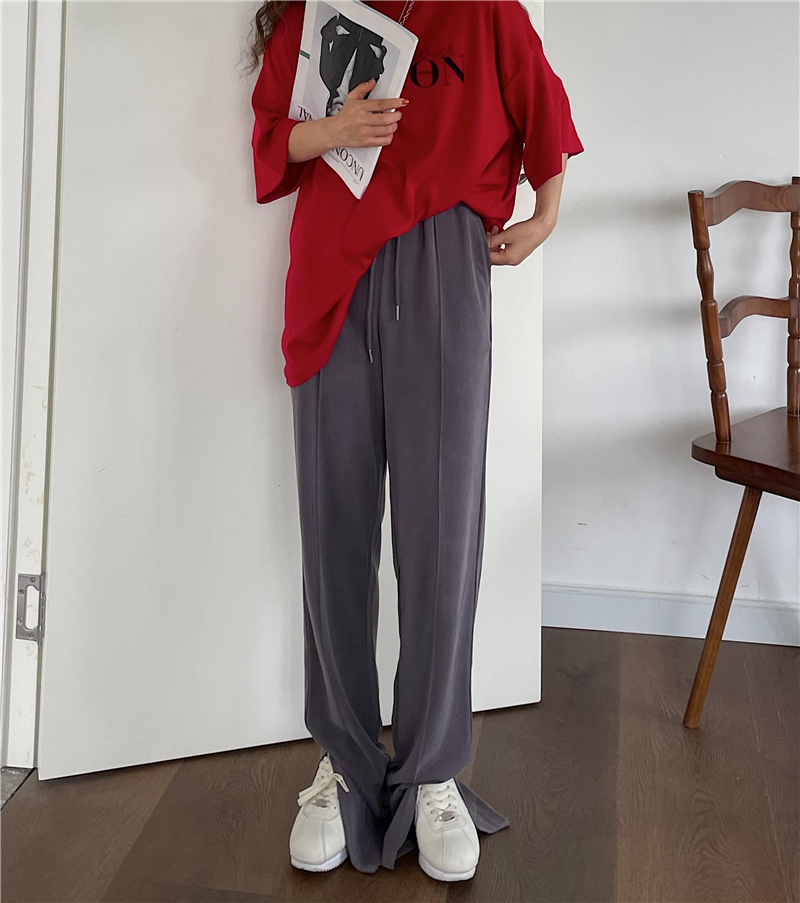 Korean version of simple leisure high waist slit wide leg floor pants