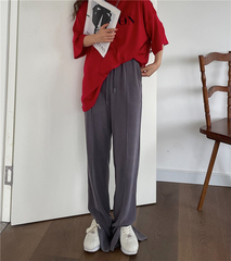 Korean version of simple leisure high waist slit wide leg floor pants