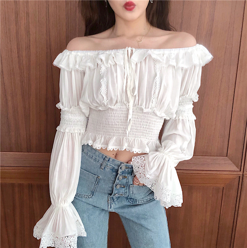 Real shot ~ real price without loss of one word shoulder top women's versatile foreign style sweet bottom coat