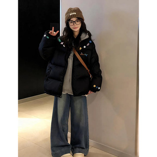 美式慵懒风90白鸭绒羽绒服女冬装外套设计感小众宽松黑色面包服潮