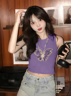 复古bm甜辣妹短款背心女夏季小个子修身卡腰蝴蝶紫色无袖T恤上衣