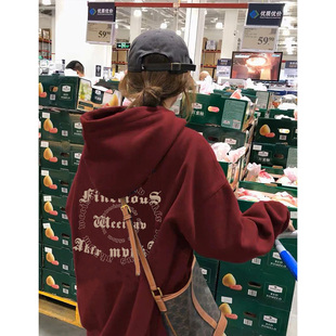 国潮多巴胺酒红色连帽卫衣女秋季美式复古显白加绒加厚外套上衣潮