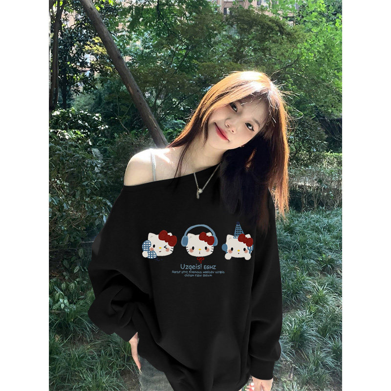 复古黑色kt猫印花斜肩卫衣女秋季2025新款独特漂亮设计感露肩上衣