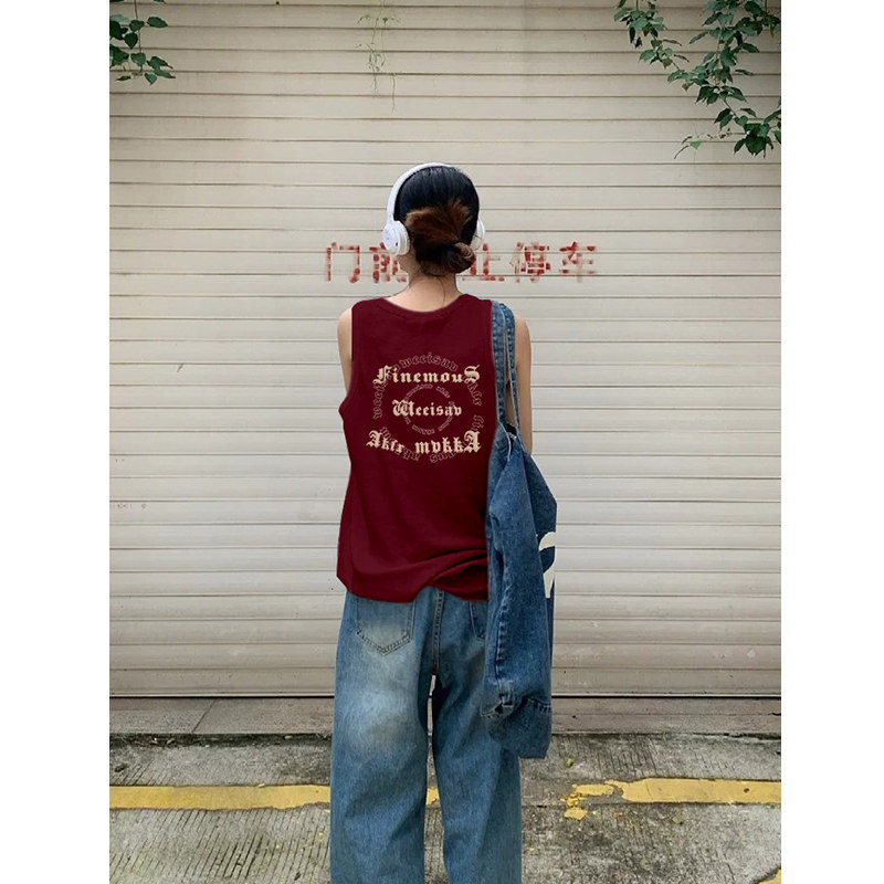 酒红色中长款叠穿无袖T恤女2025夏季新款辣妹宽松显瘦工字背心ins