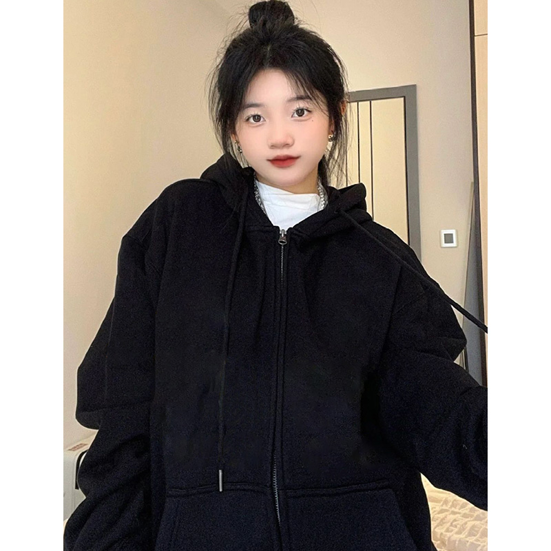 黑色连帽开衫卫衣oversize