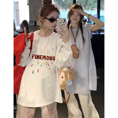 白色宽松长袖t恤女全棉