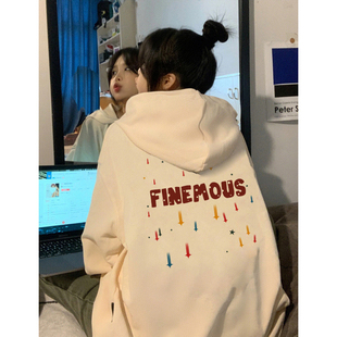 韩系多巴胺甜酷风穿搭连帽卫衣女款秋季宽松学生遮肉带帽印花上衣
