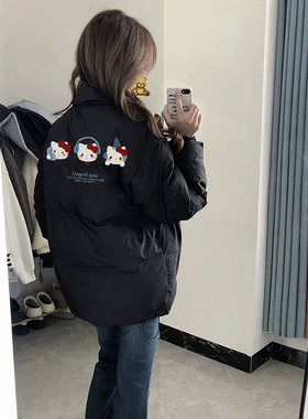 美式学院风90白鸭绒羽绒服女冬季2025新款设计感kt猫黑色加厚外套