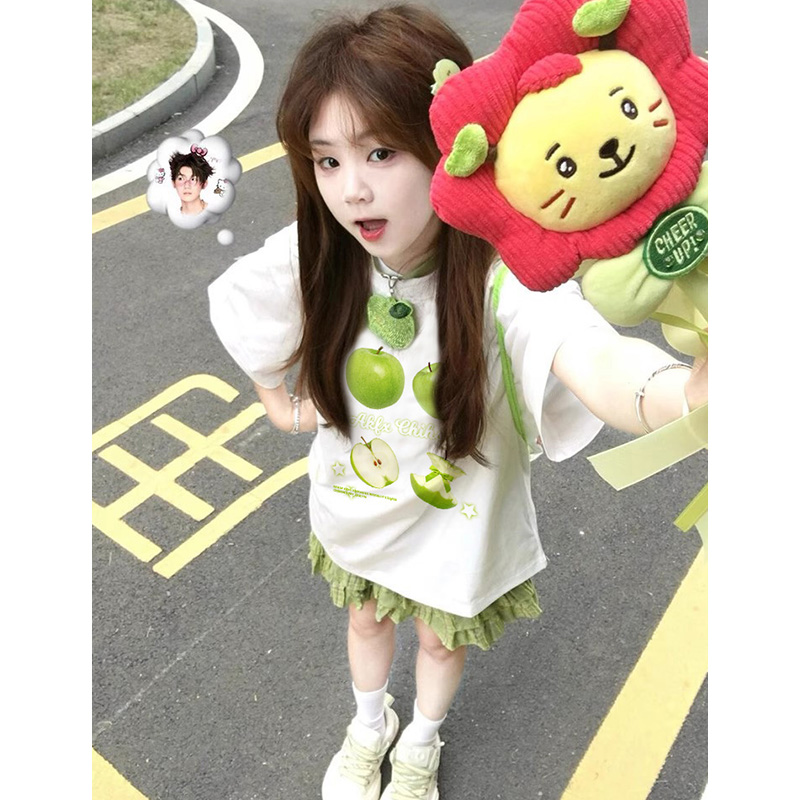 街头学生甜妹小清新纯棉短袖T恤女夏季新款苹果印花宽松百搭上衣