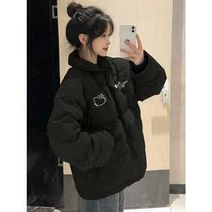 90白鸭绒羽绒服女冬季初中生街头小个子宽松百搭kt猫黑色加厚外套