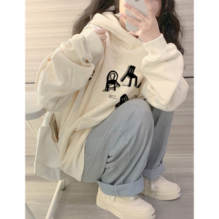 美式复古杏色连帽加绒加厚卫衣女早春2024新款爆款宽松外套ins潮