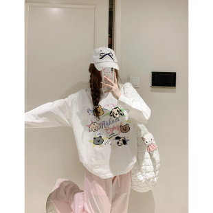 慵懒风长袖 白色重磅宽松纯棉收袖 爆款 新款 印花上衣潮 口T恤女春季