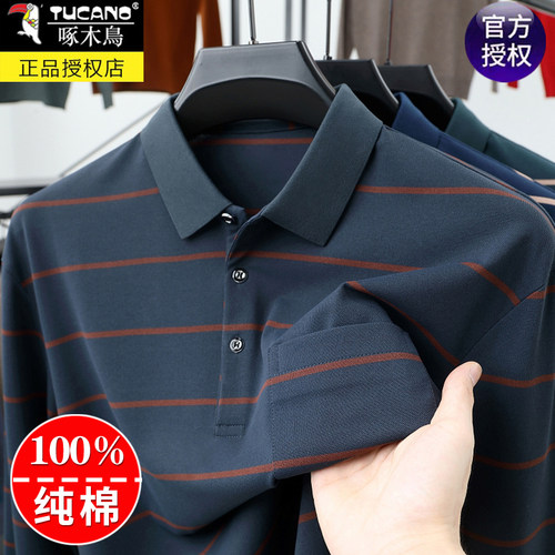 啄木鸟男士纯棉翻领条纹长袖体恤