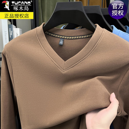 啄木鸟德绒V领保暖长袖t恤男内搭