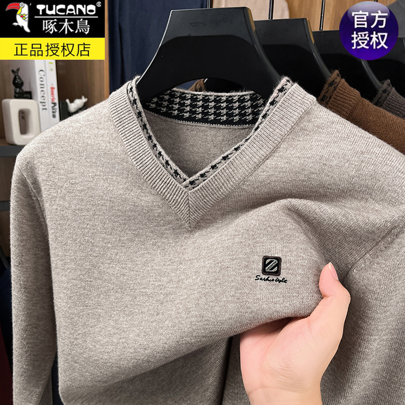 啄木鸟加厚保暖V领羊毛针织衫男