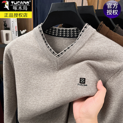 啄木鸟加厚保暖V领羊毛针织衫男