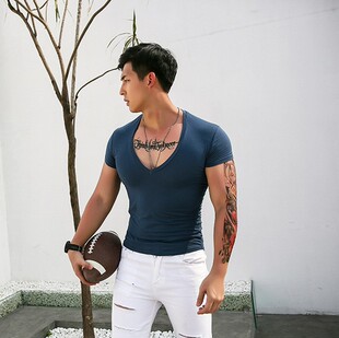 T恤纯棉打底T恤打底衫 定制夏季 V领短袖 深蓝色修身 低领内搭 男士