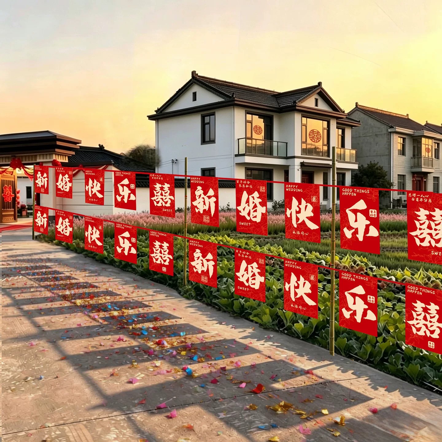 婚礼路引彩旗拉花婚房院子套装
