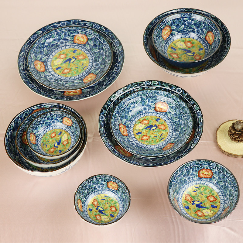 日本进口盘子美浓烧碗红花鸟饭碗汤碗拉面碗日式和风瓷器餐具菜盘