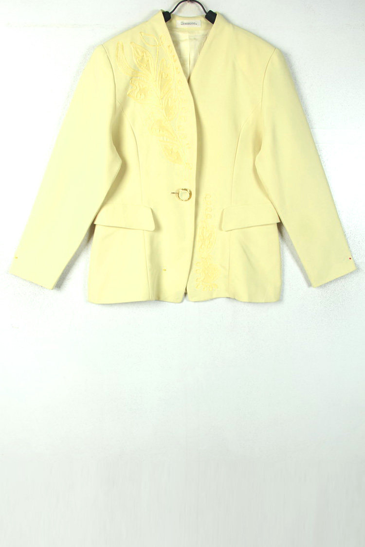 春秋装孤品复古日本中古着vintage淡黄蕾丝提花合领女西装外套