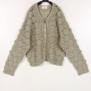 秋冬装孤品复古古着vintage豆沙绿立体花朵镂空手工钩花毛衣外搭