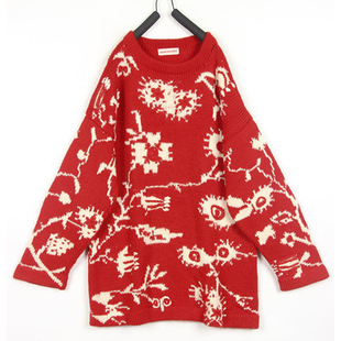 秋冬装孤品复古古着vintage日本大红色抽象绣花手工钩织刺绣毛衣